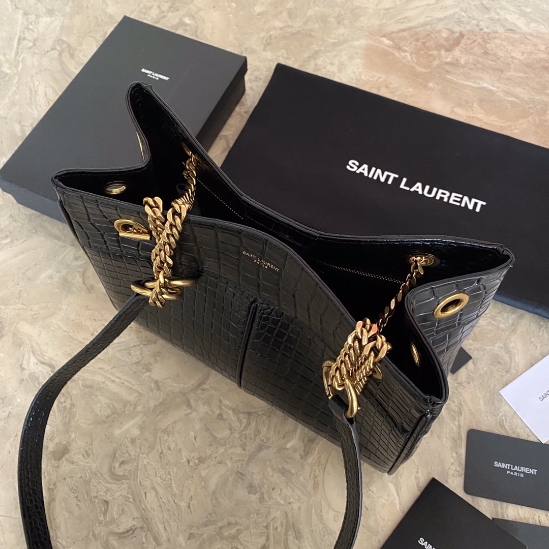 Y51 Sa1nt Lau*nt classic reproduction crocodile pattern shopping bag with detachable chain, bronze metal chain