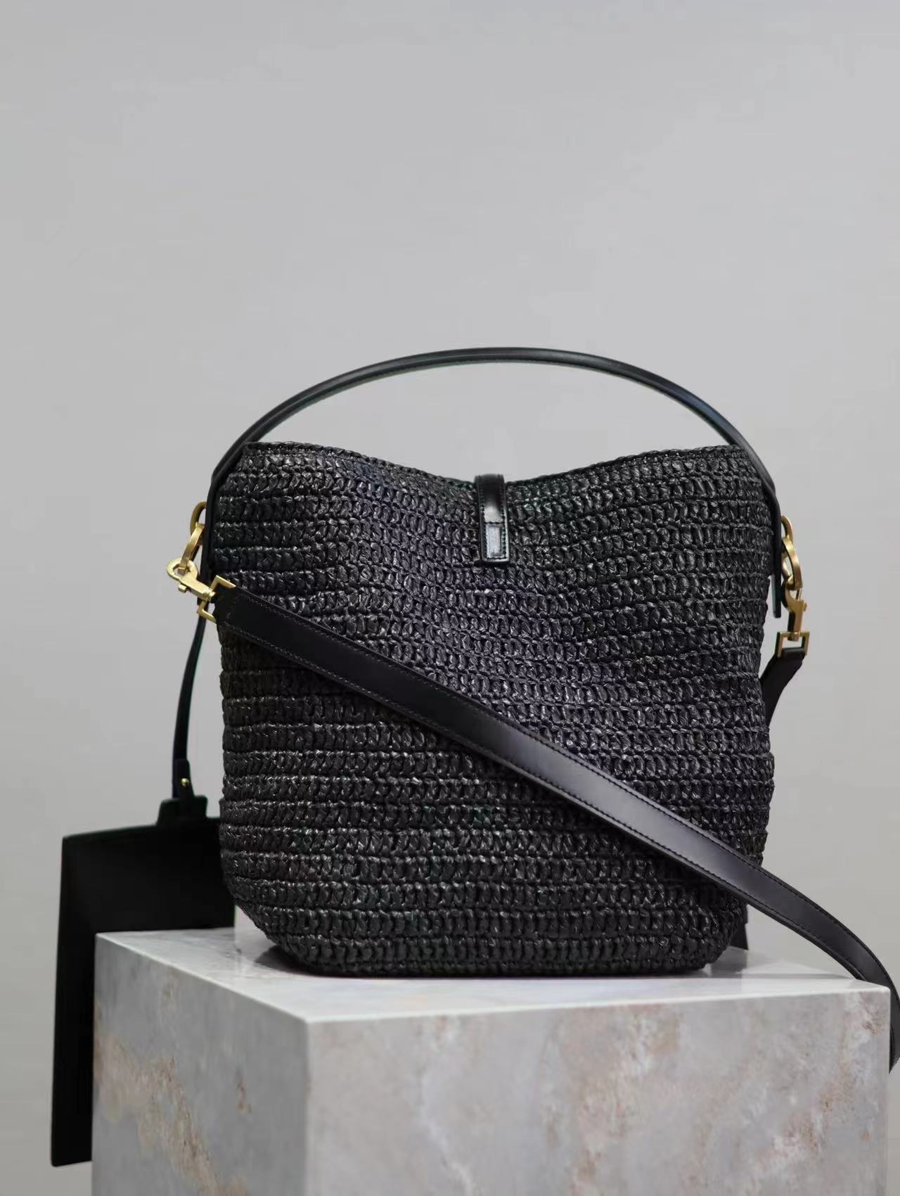 Sa1nt Lau*nt Le 37 leather-trimmed raffia bucket bag