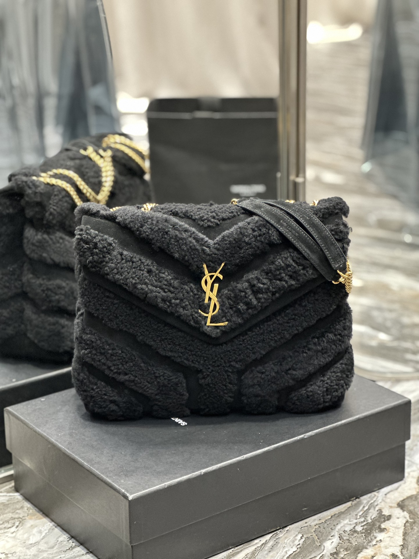 LOULOU SMALL CHAIN BAG IN QUILTED “Y” LEATHER, SATIN AND SEQUINS