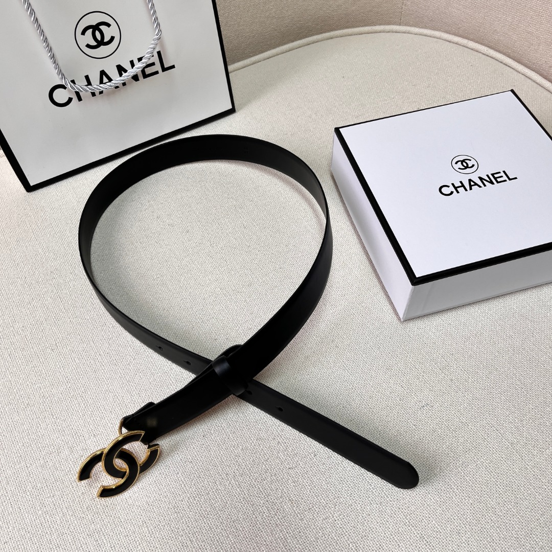 Black Quilted Leather CC Logo Belt