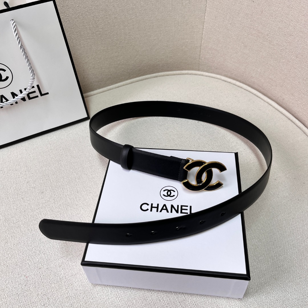 Black Quilted Leather CC Logo Belt