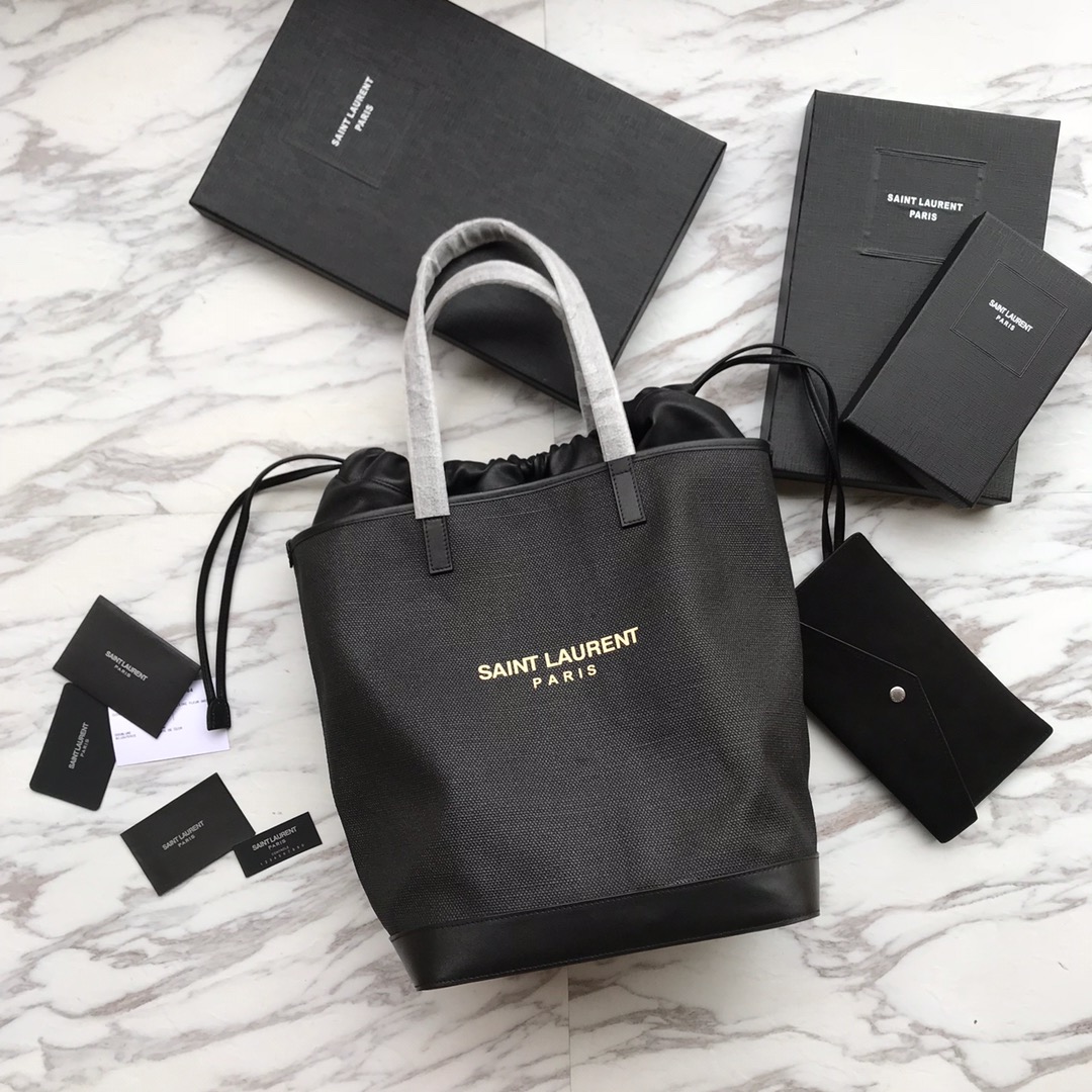 RIVE GAUCHE N/S TOTE BAG IN PRINTED LINEN AND LEATHER