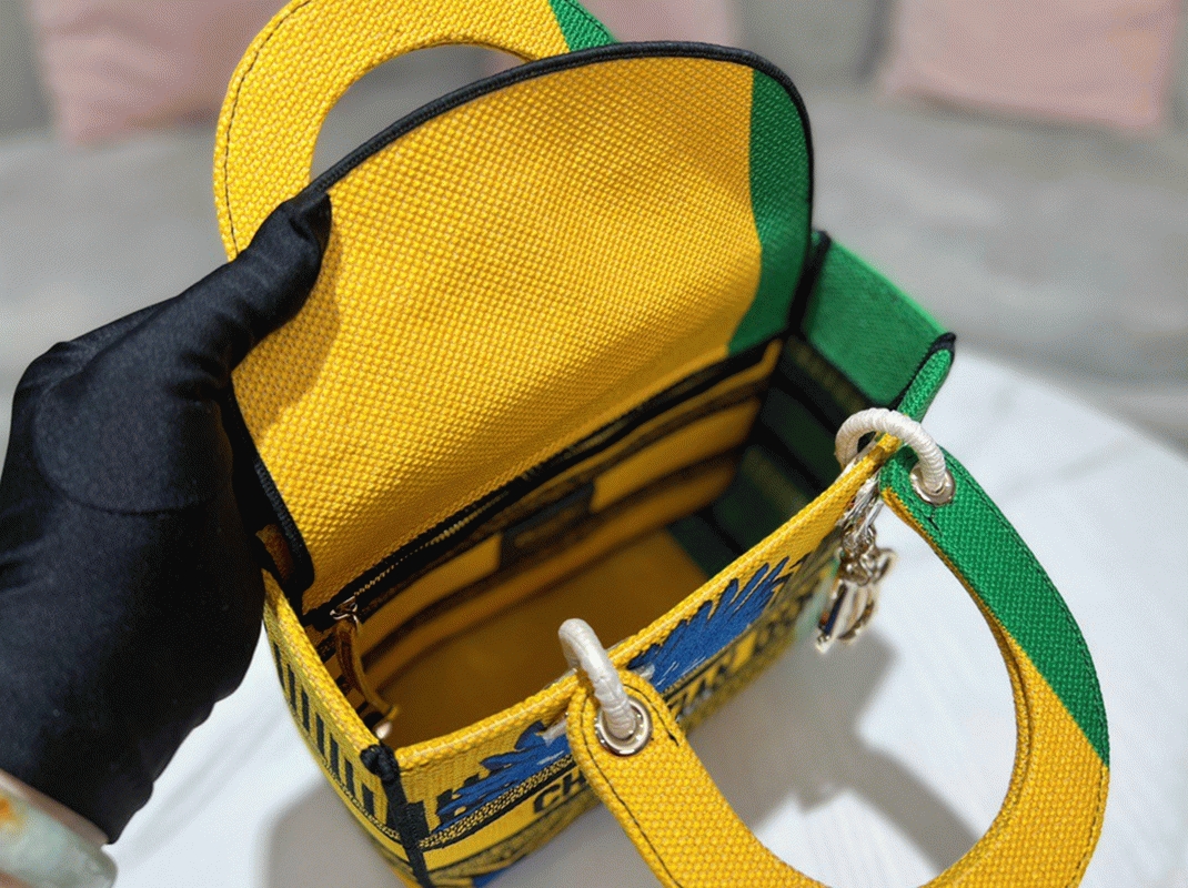 D10r Lady D-Lite Medium Bag Fake in Yellow Green D-Flower Pop Embroidery