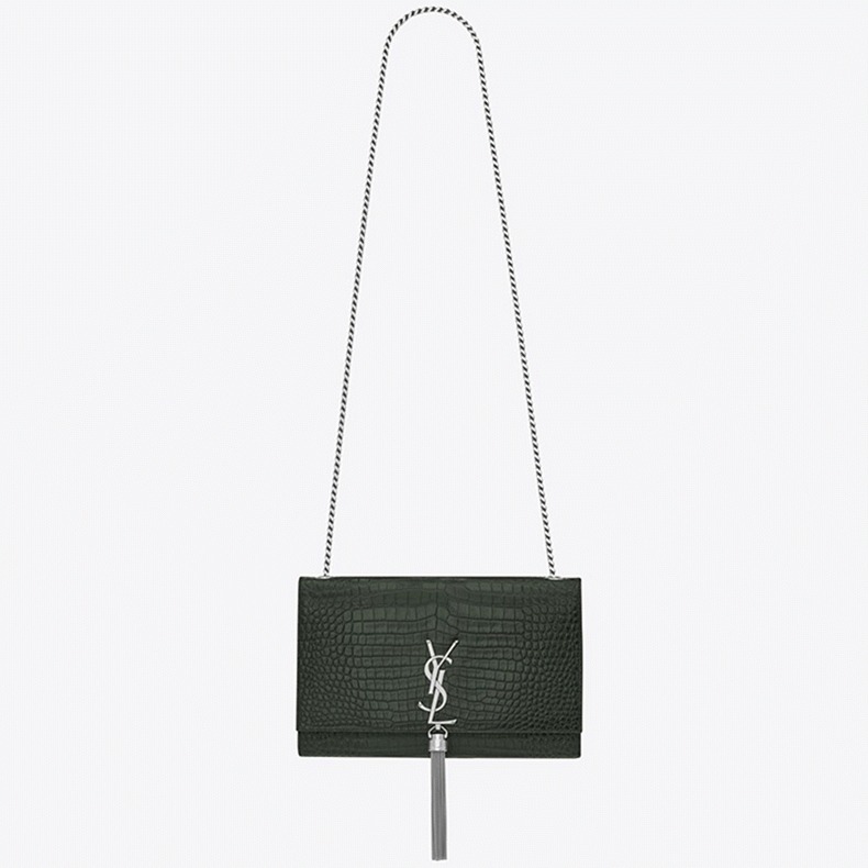 Replica Sa1nt Lau*nt Kate Medium Tassel Bag Green Crocodile-embossed Leather