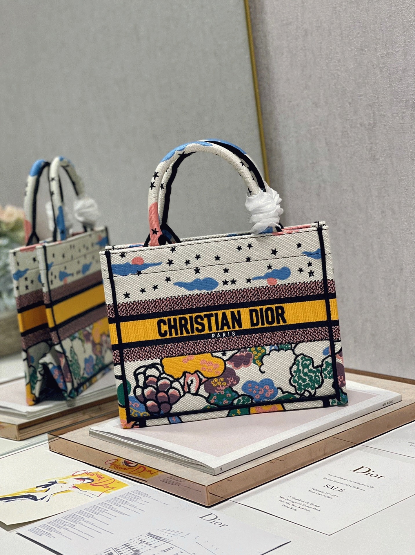 D10r Large Book Tote Bag Faux in White Pixel Zodiac Embroidery