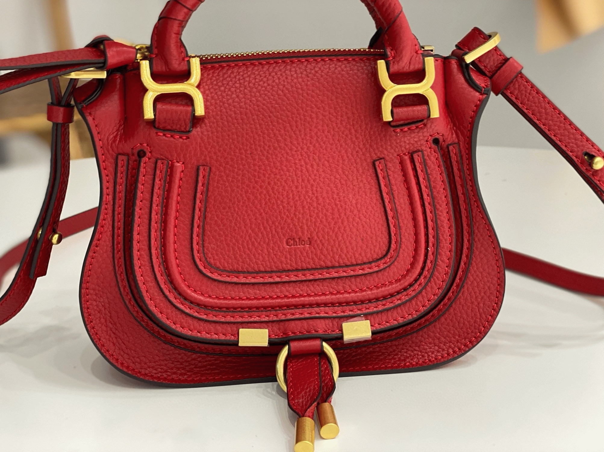 top quality knockoff Ch10e marcie mini double carry bag in red grained leather