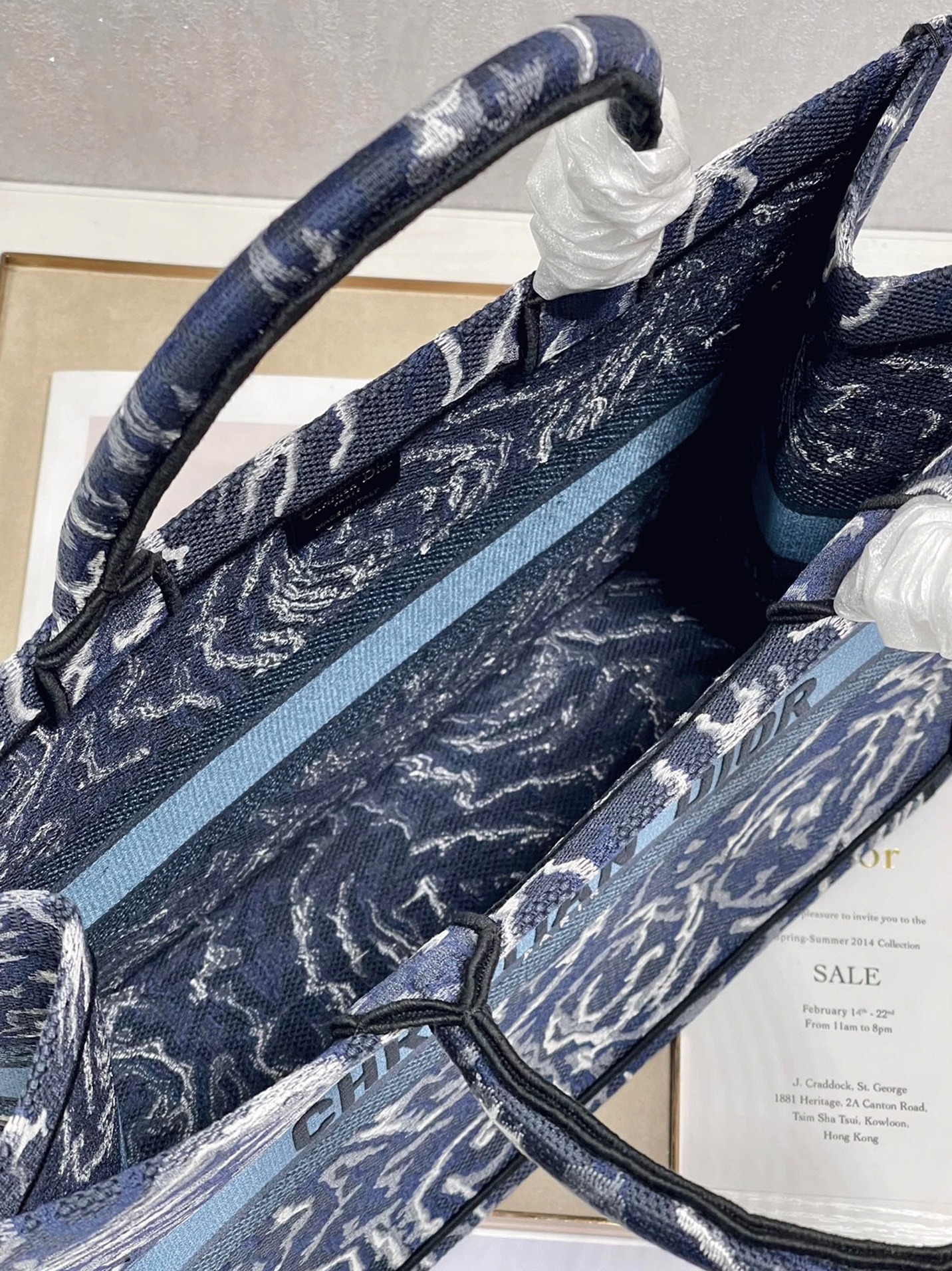 D10r Large Book Tote Bag Replica in Blue D10r Roses Embroidery