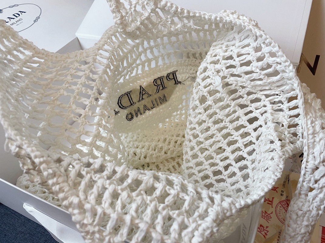 Pra*a Large Tote Bag Replica in White Woven Raffia