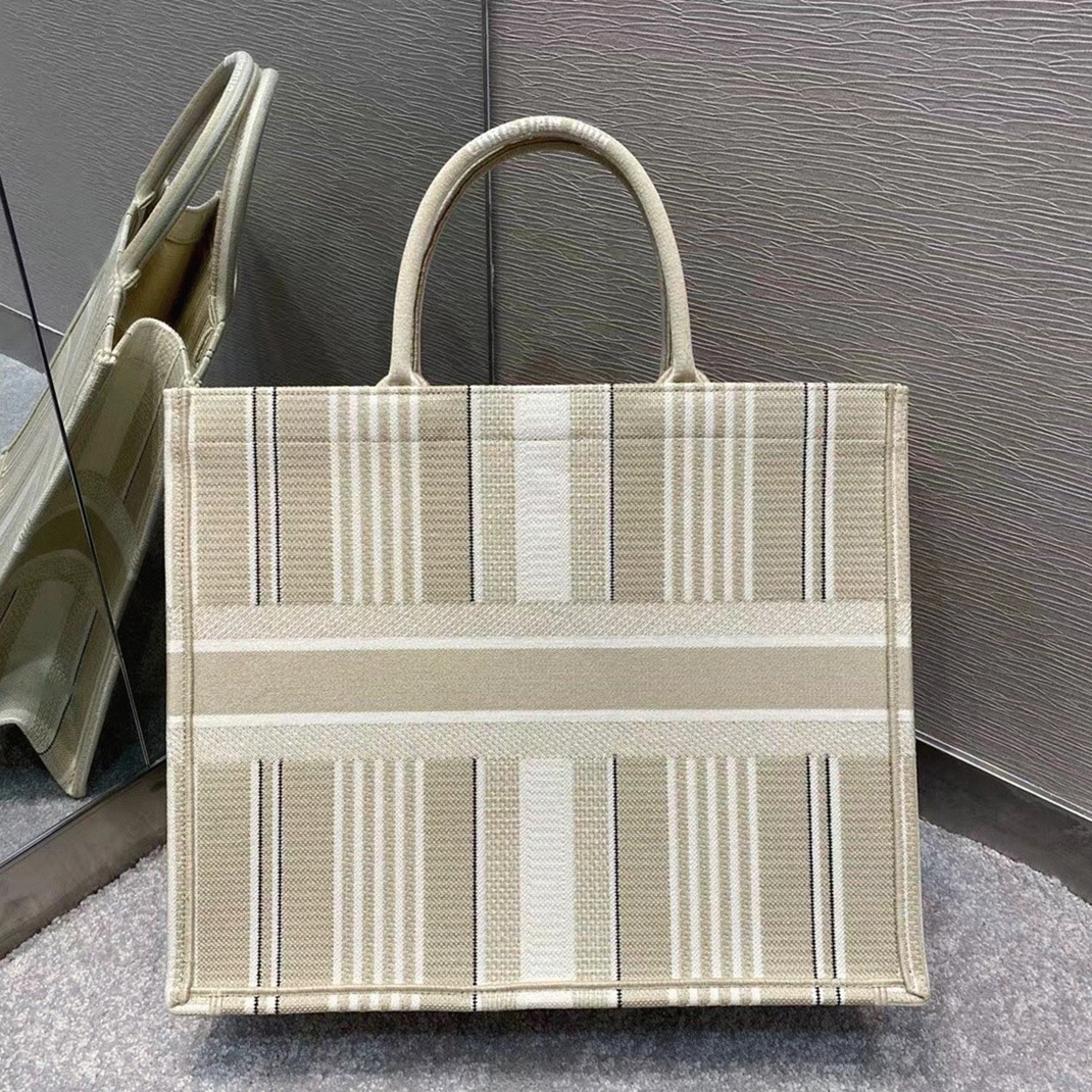 D10r Large Book Tote Bag Replica in Beige Stripes Embroidery