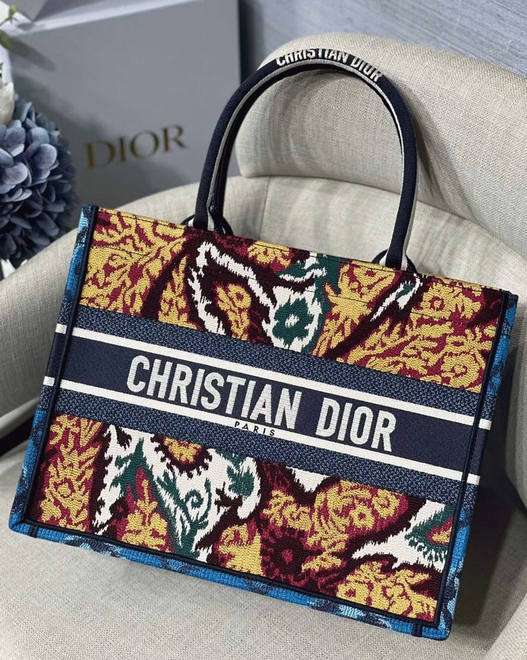 D10r Medium Book Tote Bag Replica in Blue Multicolor D10r Paisley Embroidery