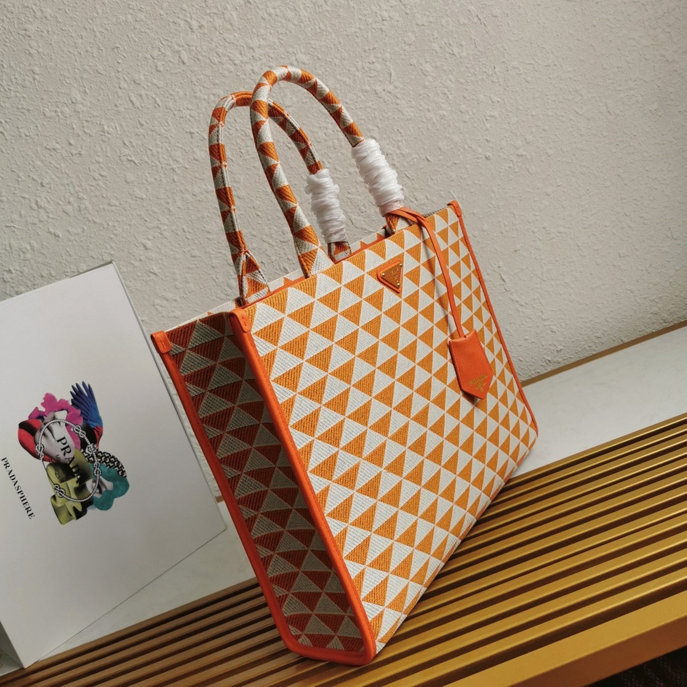 Pra*a Symbole Large Bag Imitation in Orange/White Jacquard Fabric
