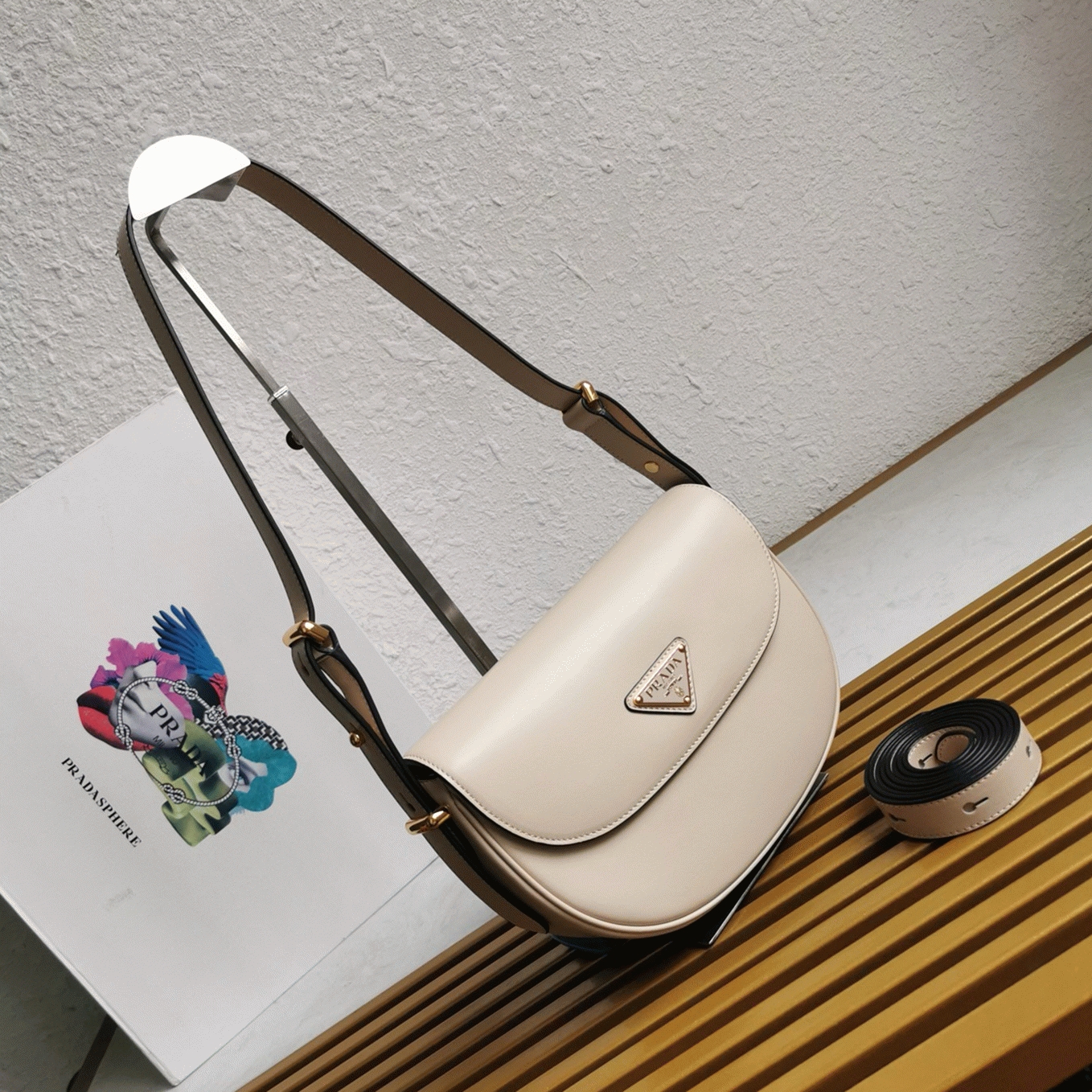 Beige Pra*a Arque Shoulder Bag with Flap Knockoff