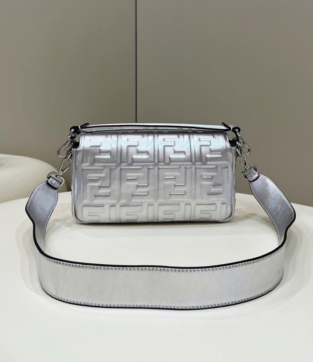 Top Quality Fake F**di Large Baguette Bag In Silver FF Metallic Leather