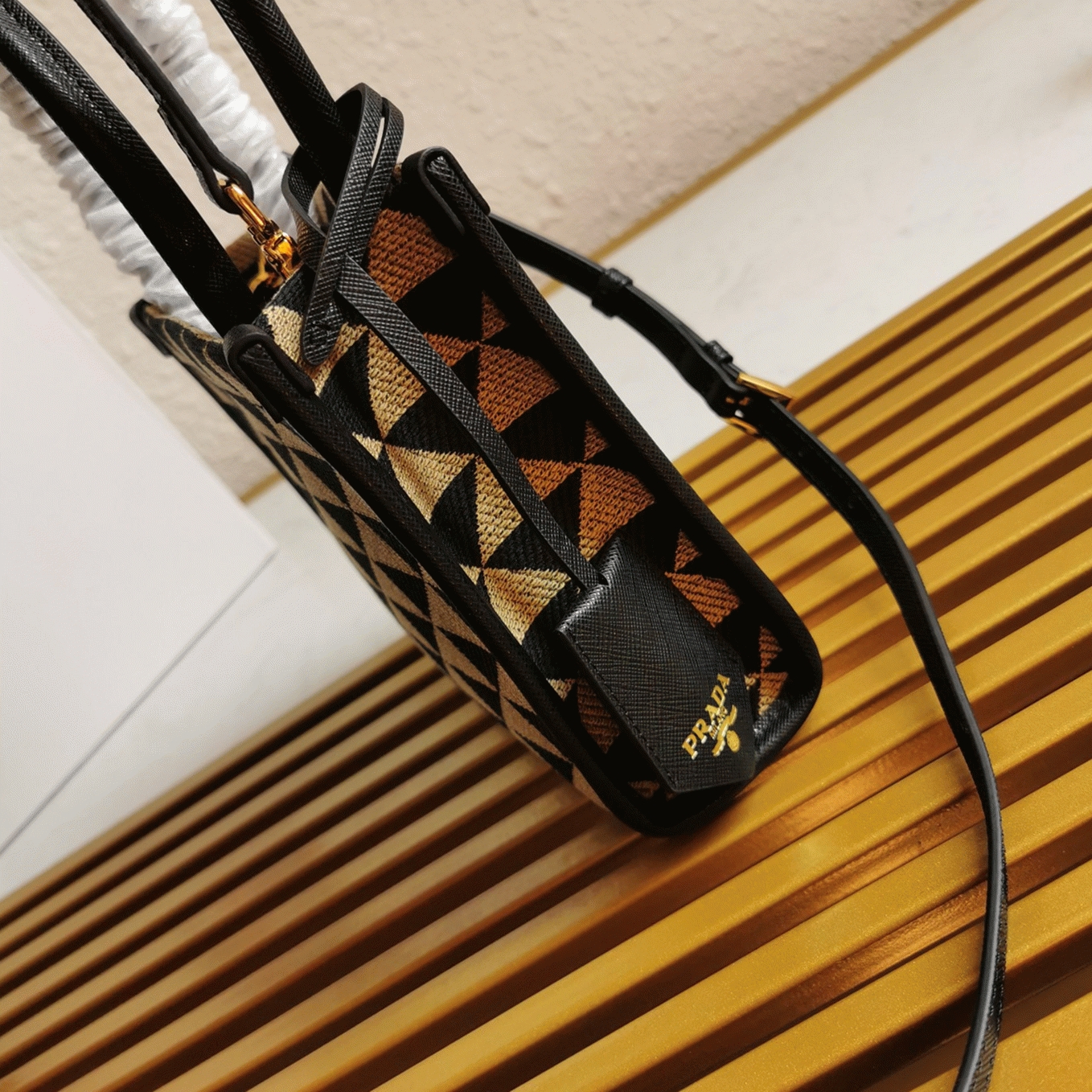Pra*a Symbole Micro Bag Fake in Black/Beige Jacquard Fabric