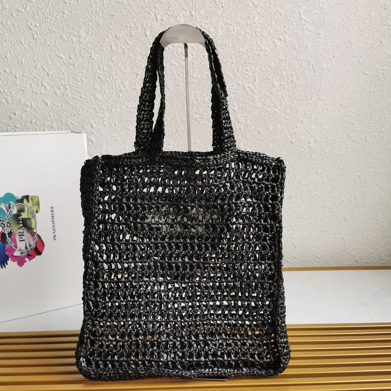 Pra*a Small Tote Bag Replica in Black Woven Raffia