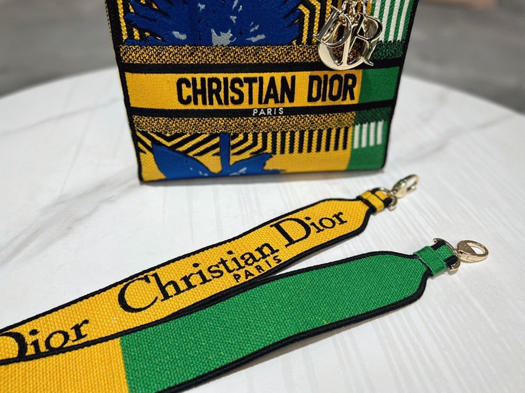 D10r Lady D-Lite Medium Bag Fake in Yellow Green D-Flower Pop Embroidery