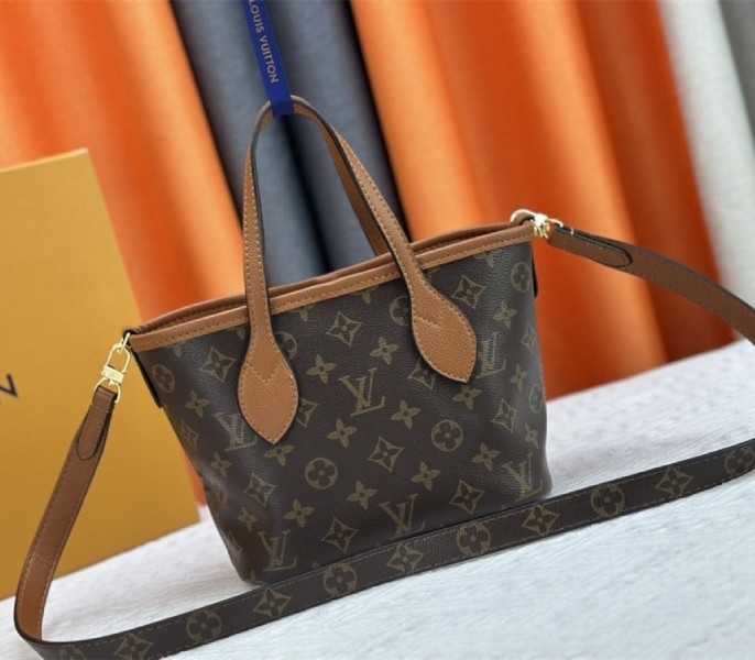 L0vis Vvtt0n Neverfull Bandouliere Inside Out BB Tote In Monogram Canvas And Brown Leather