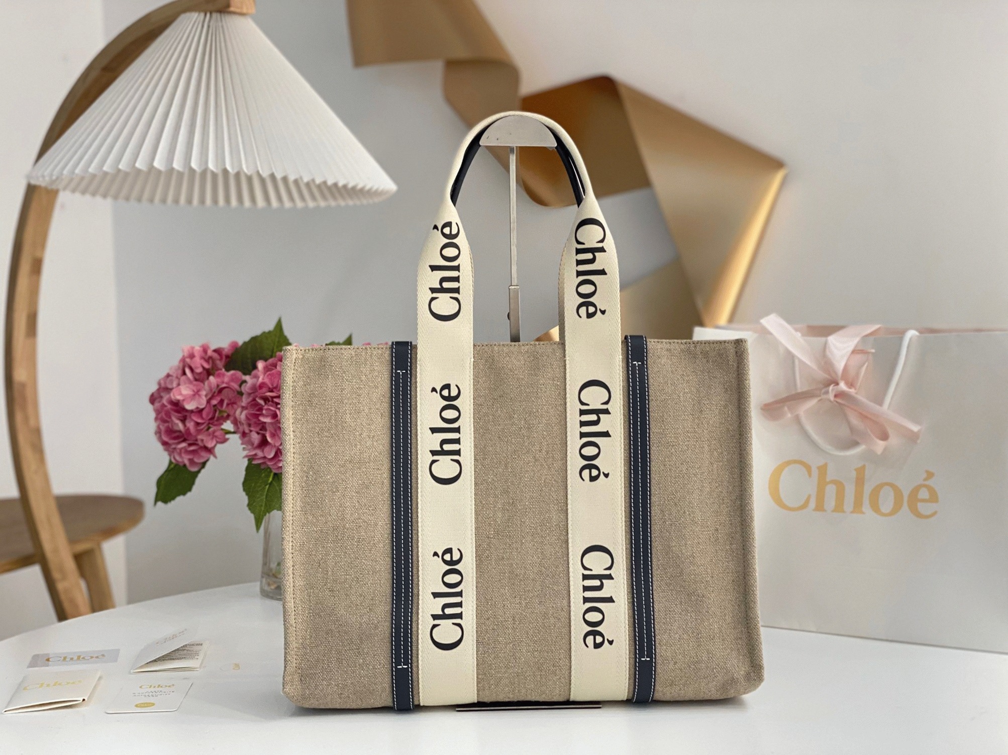 top quality fake Ch10e woody large tote bag in linen canvas with navy blue leather