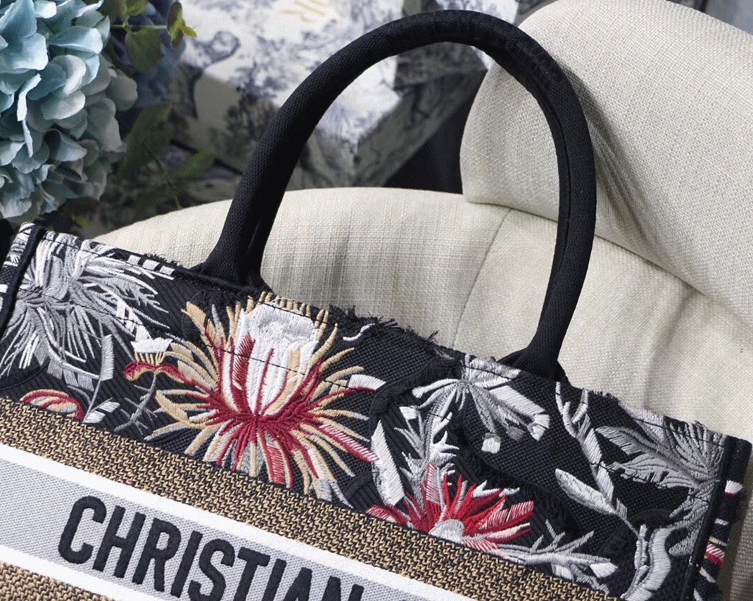 D10r Medium Book Tote Replica in Black Camouflage with Multicolored