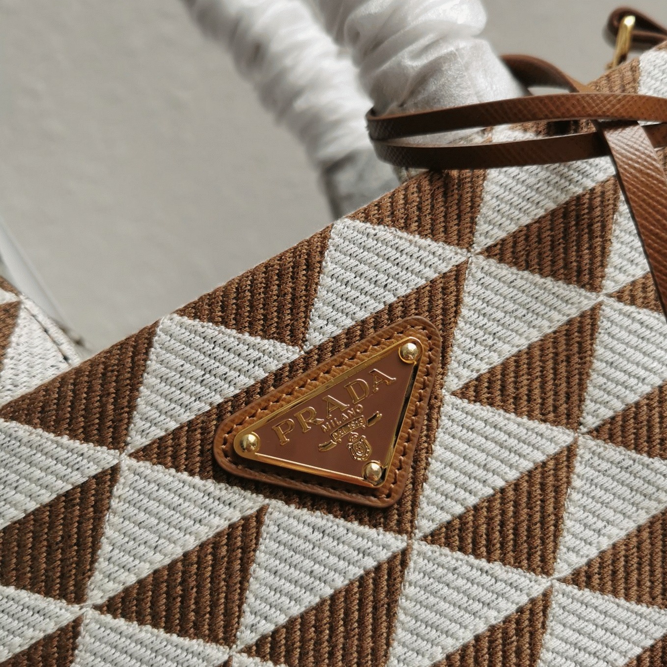 Pra*a Symbole Large Bag Replica in White/Brown Jacquard Fabric