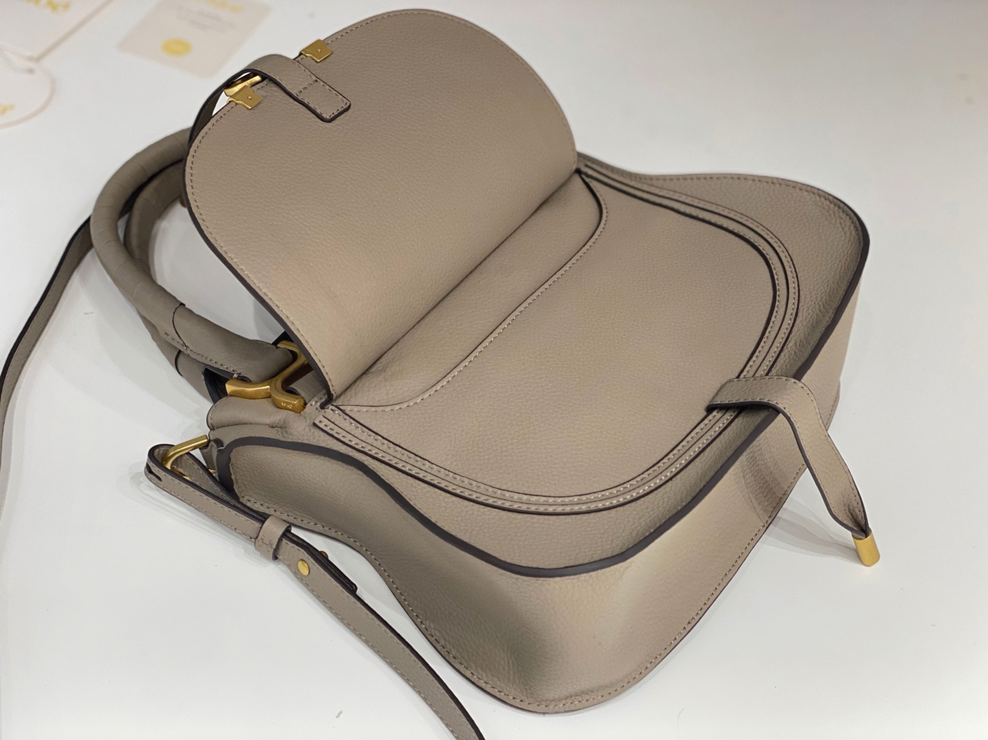top quality faux Ch10e marcie small double carry bag in sand grained leather