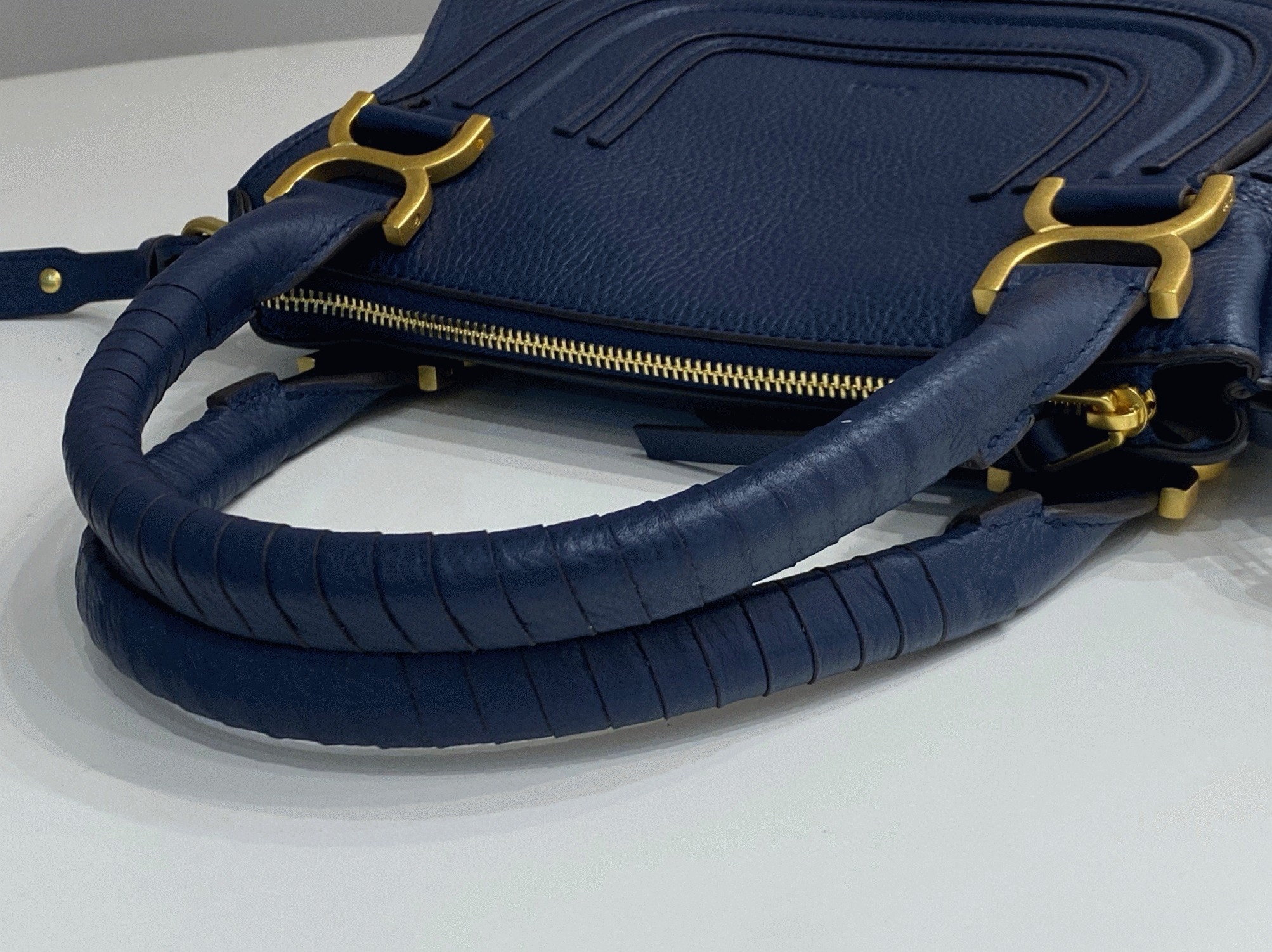 top quality fake Ch10e marcie small double carry bag in blue grained leather