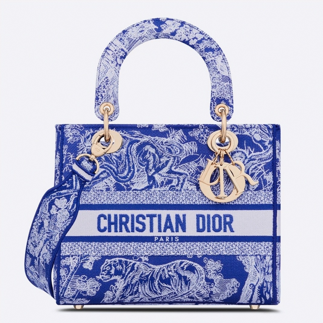 D10r Lady D-Lite Medium Bag Fake in Fluorescent Blue Toile de Jouy Reverse Embroidery