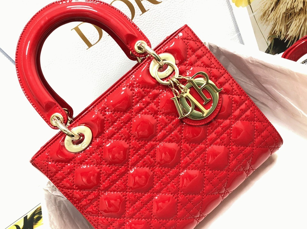 D10r Small Lady D10r Bag Replica in Red Patent Cannage Calfskin