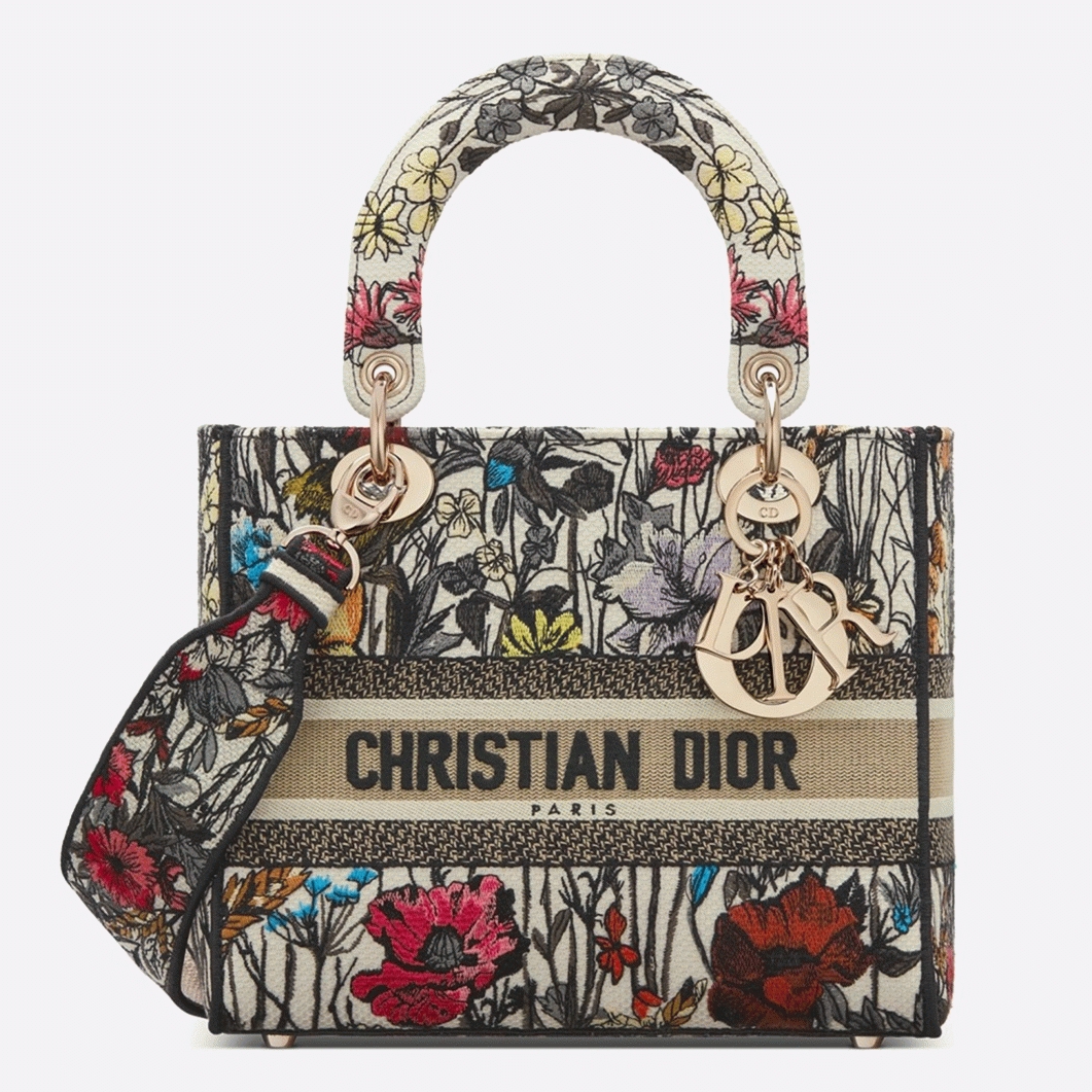 D10r Lady D-Lite Medium Bag Faux in Mille Fleurs Embroidery