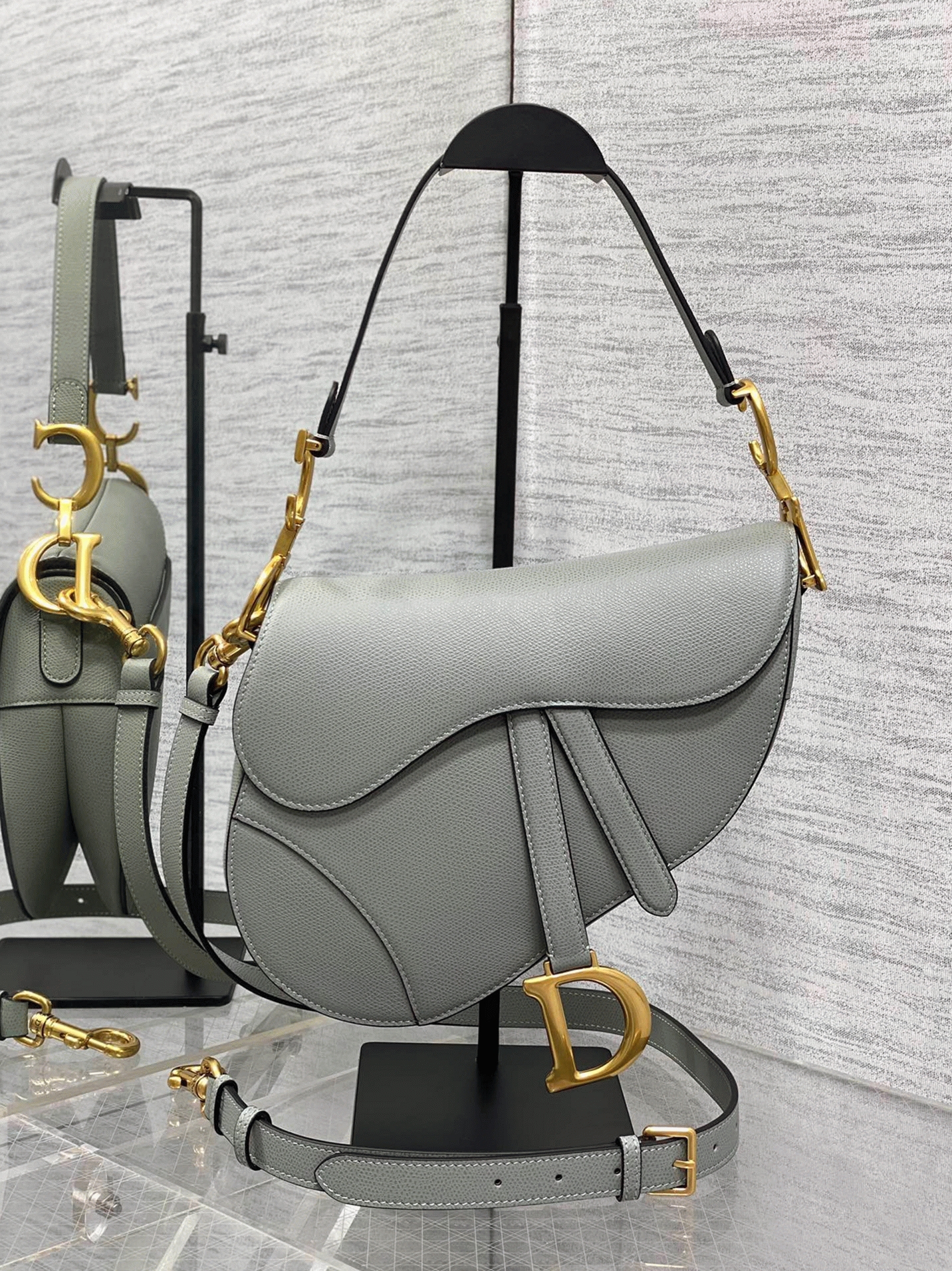 D10r Saddle Bag with Strap Fake in Grey Stone Grained Calfskin