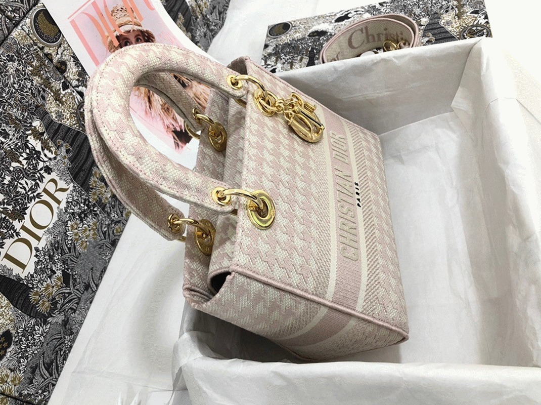 D10r Lady D-Lite Medium Bag Knockoff in Pink   White Houndstooth Embroidery