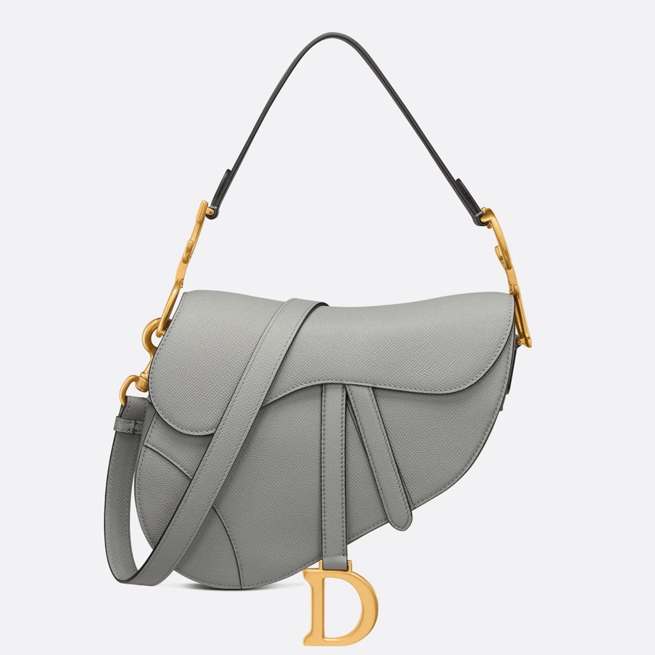 D10r Saddle Bag with Strap Fake in Grey Stone Grained Calfskin