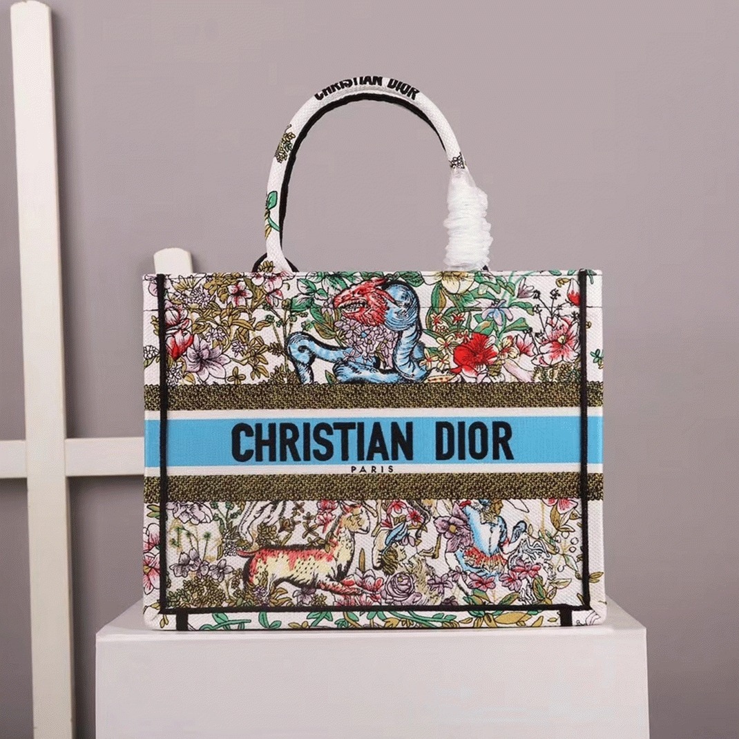 D10r Large Book Tote Bag Knockoff in Latte D-Constellation Embroidery