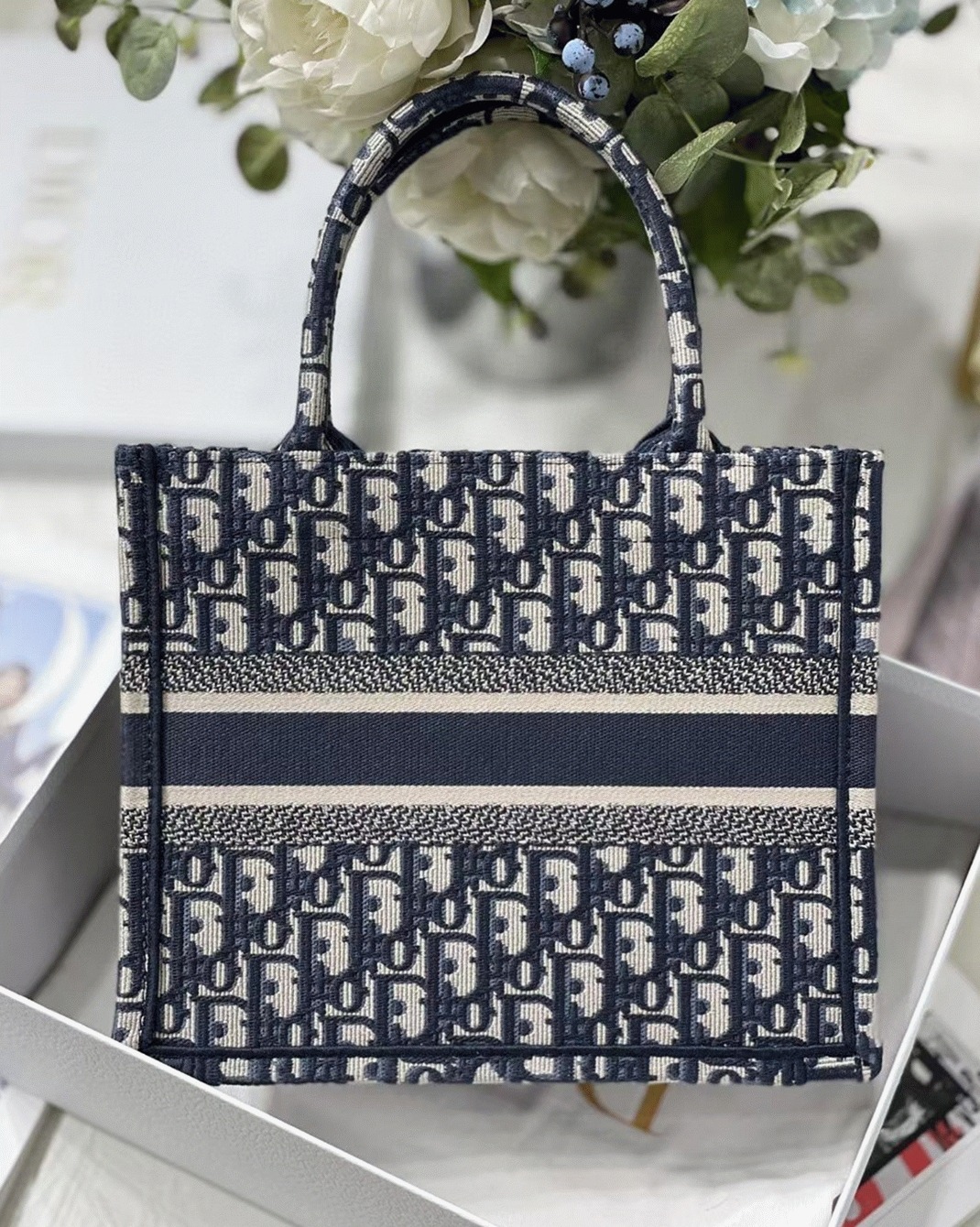 D10r Small Book Tote Bag Replica in Blue D10r Oblique Embroidery