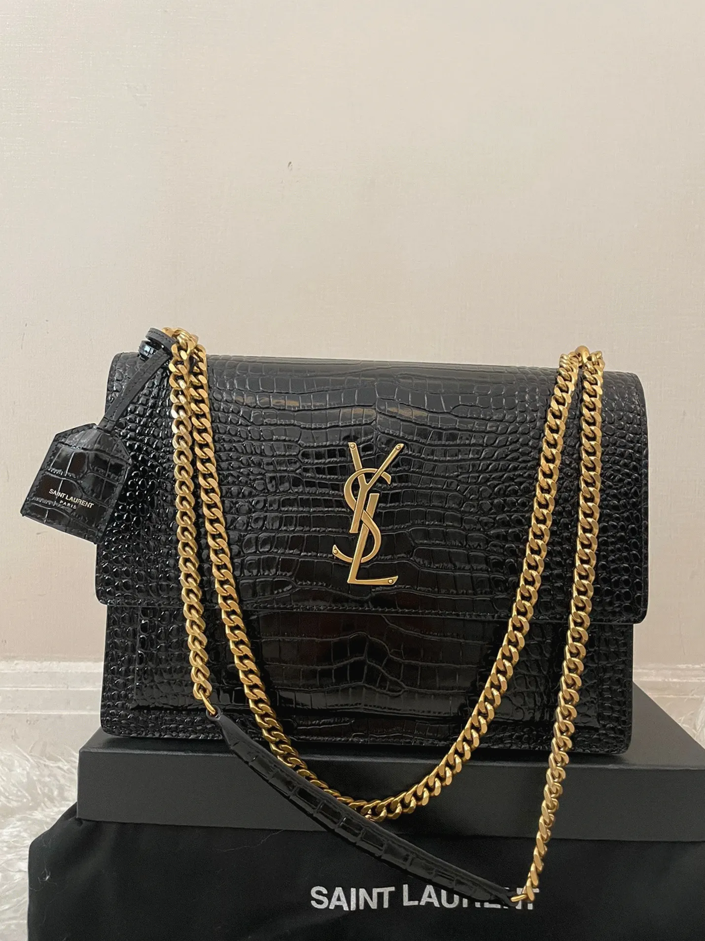 Black Croc-Embossed Leather Y51 Sunset Medium Chain Replica Bag