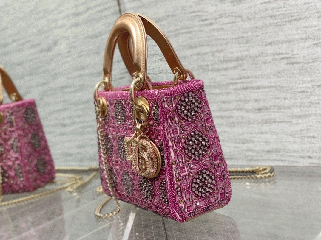 D10r Lady D10r Mini Chain Bag Fake in Satin with Pink Resin Pearl Embroidery