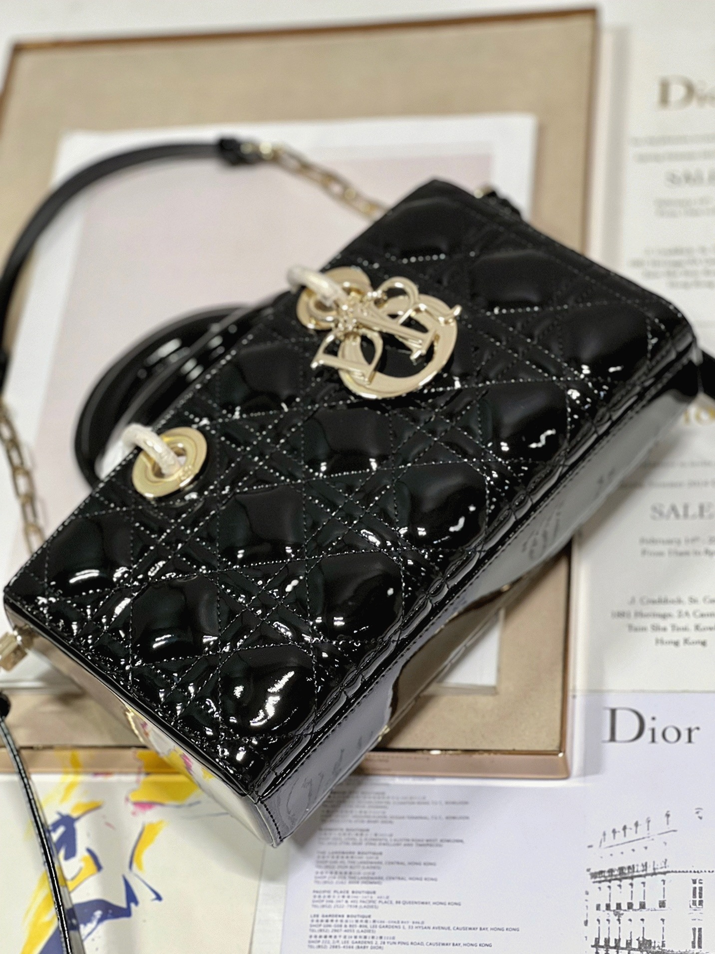 D10r Lady D-Joy Medium Bag Faux in Black Patent Cannage Calfskin