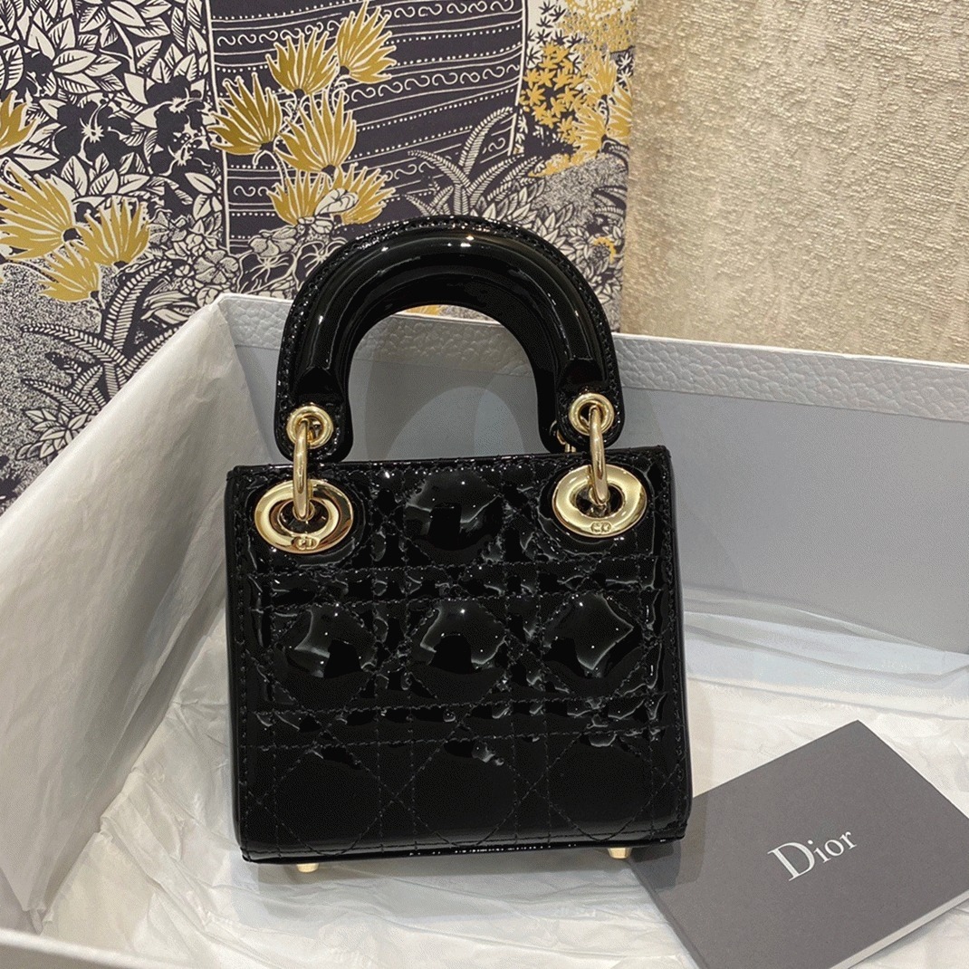 D10r Lady D10r Micro Bag Replica in Black Patent Cannage Calfskin