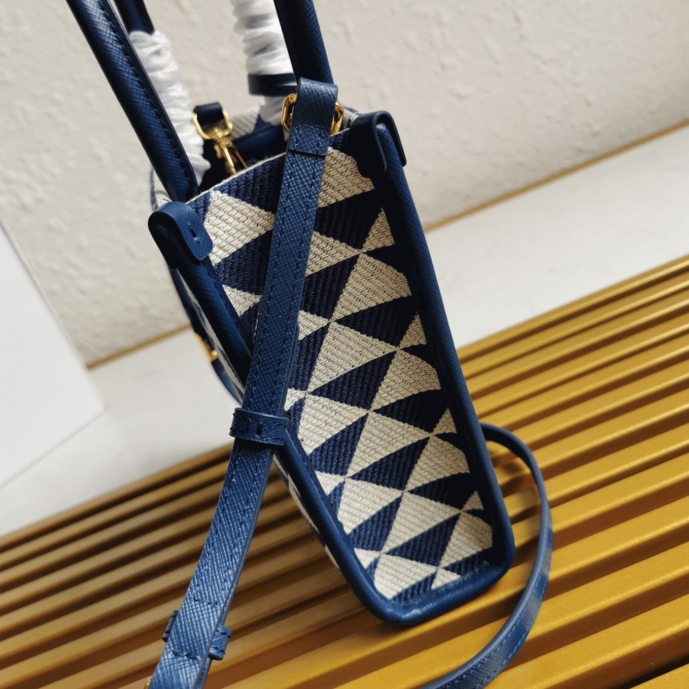 Pra*a Symbole Micro Bag Replica in White/Blue Jacquard Fabric