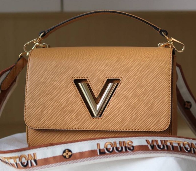 L0vis Vvtt0n Epi Leather Twist MM Bag With Jacquard Strap In Honey Gold