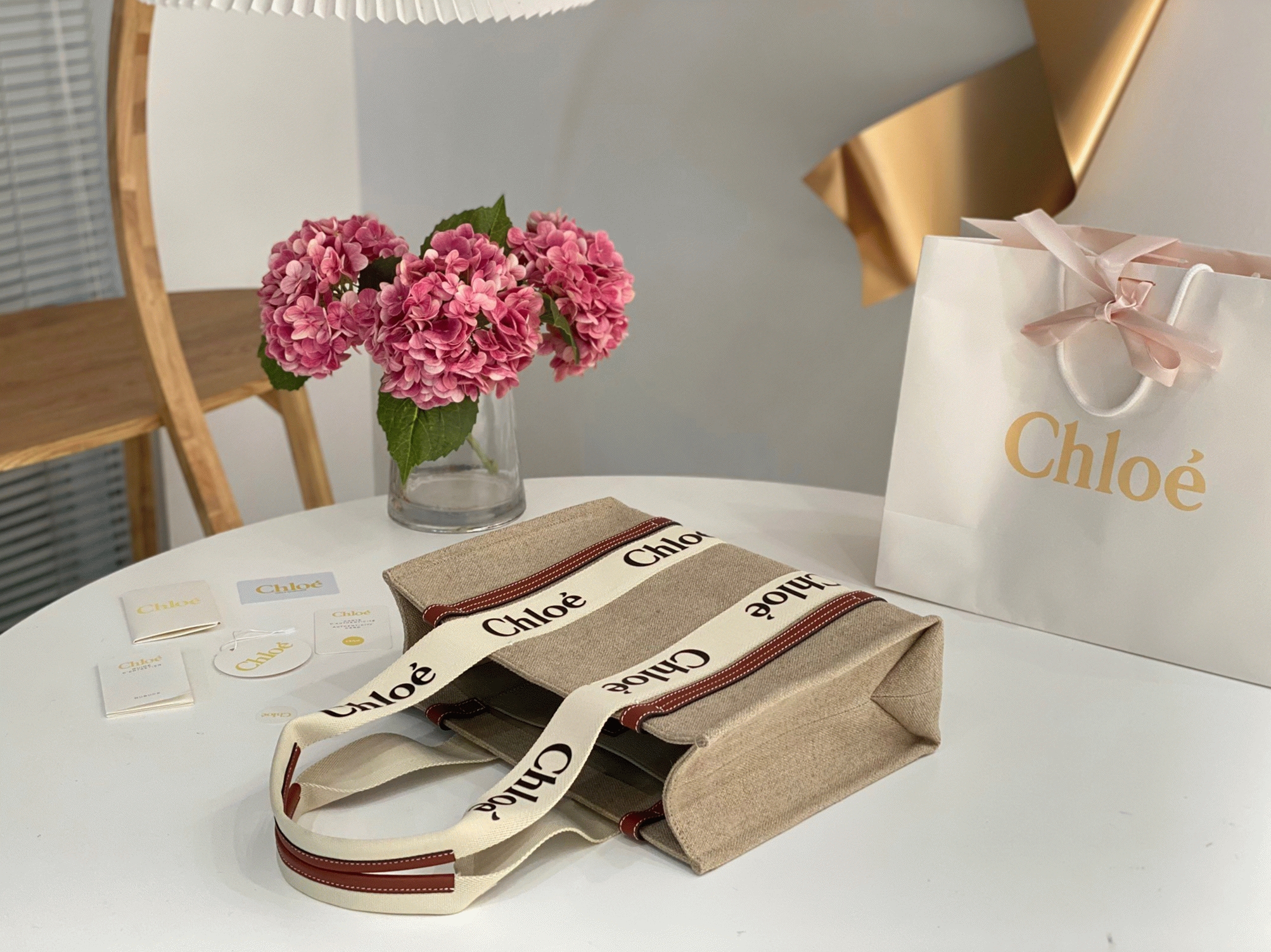 top quality knockoff Ch10e woody medium tote bag in linen canvas with brown leather