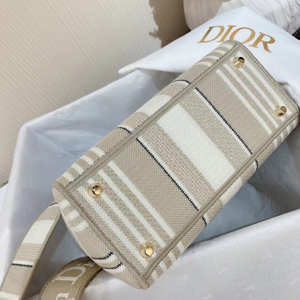 D10r Lady D-Lite Medium Bag Knockoff in Beige Stripes Embroidery