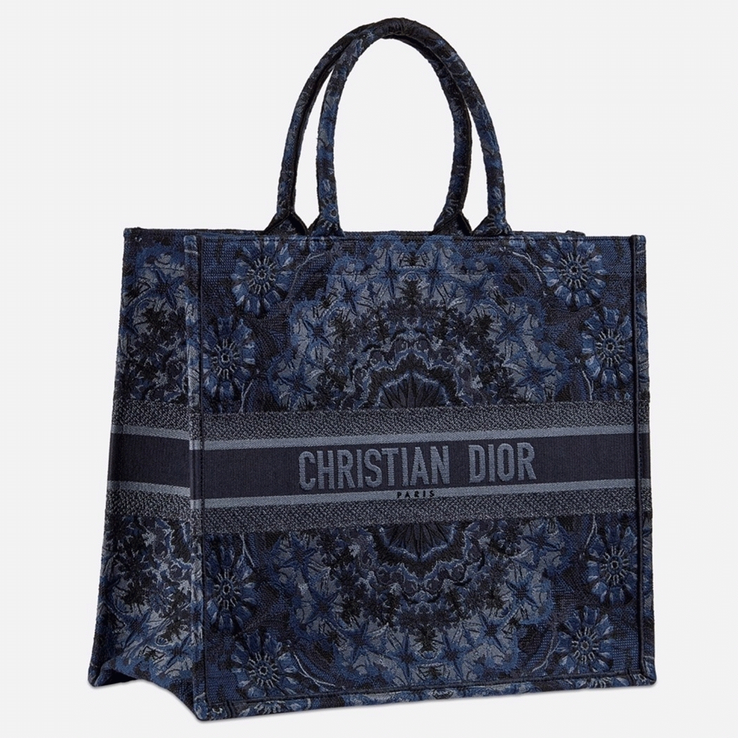 D10r Large Book Tote Bag Fake in Blue KaleiD10rscopic Embroidered Cotton