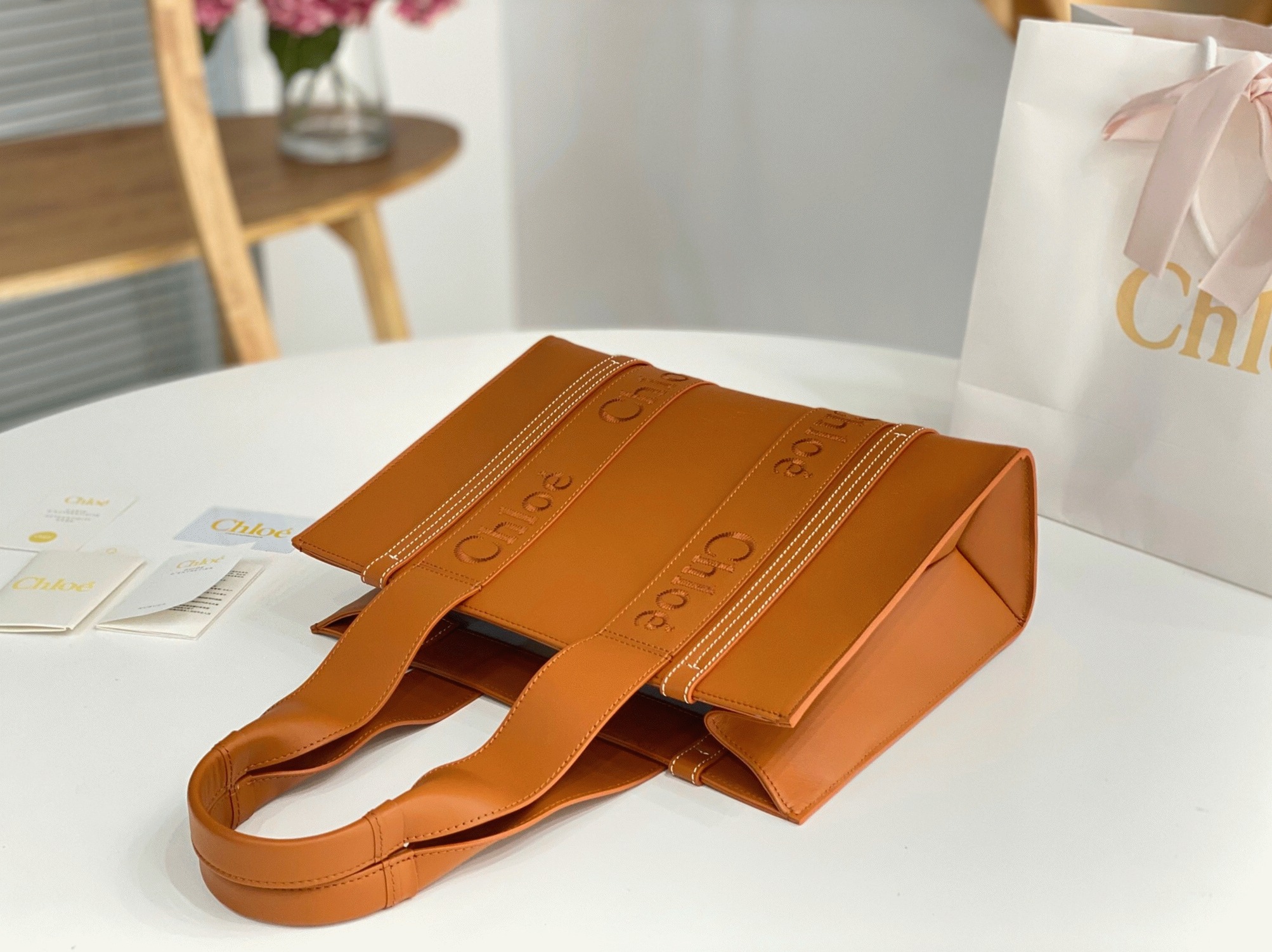 top quality faux Ch10e woody medium tote bag in brown calfskin