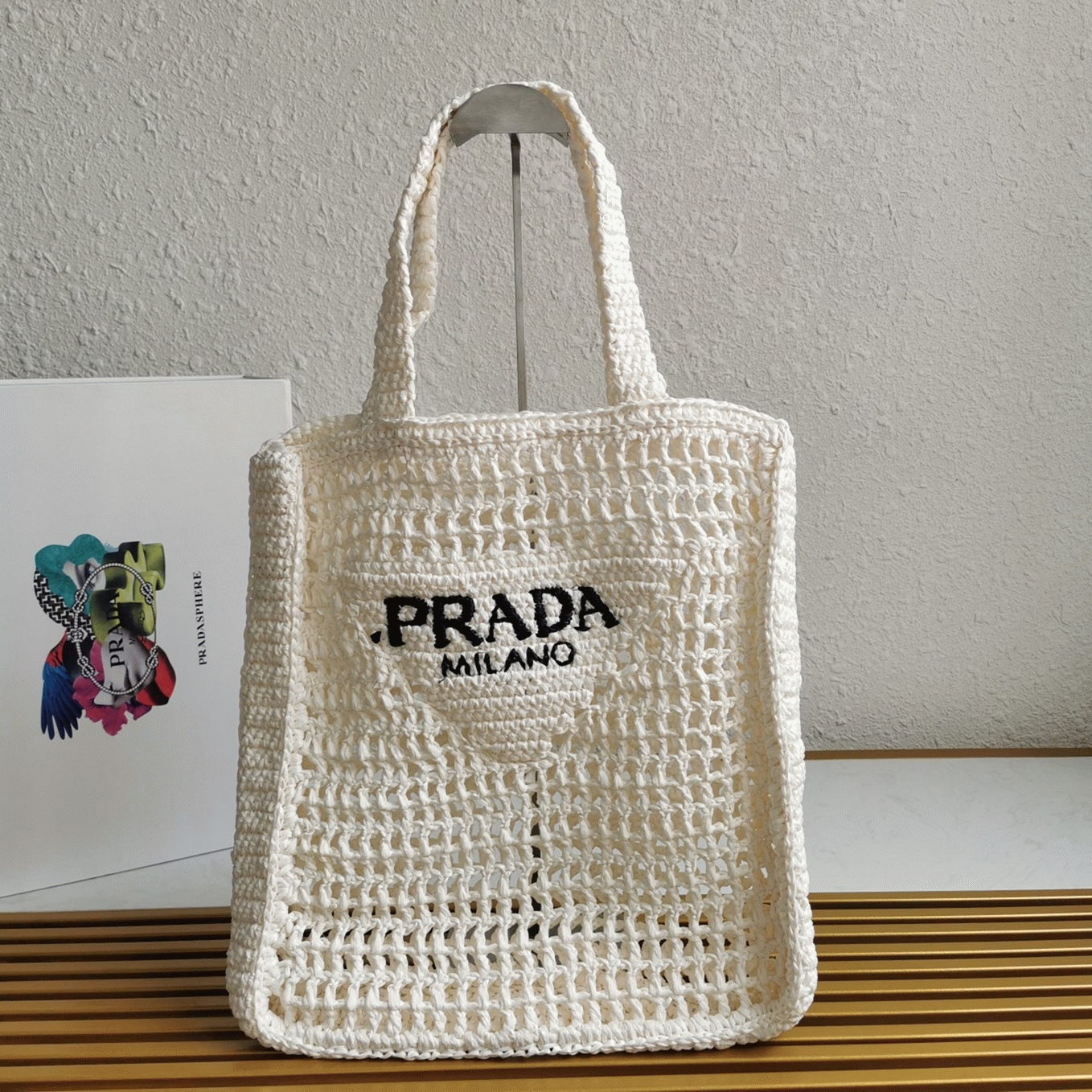 Pra*a Small Tote Bag Best Replica in White Woven Raffia