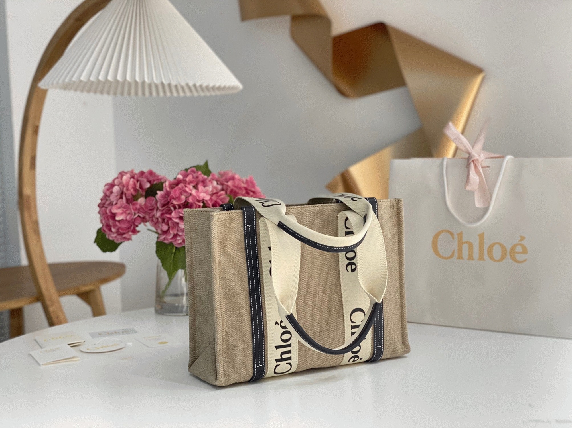 top quality faux Ch10e woody medium tote bag in linen canvas with navy blue leather