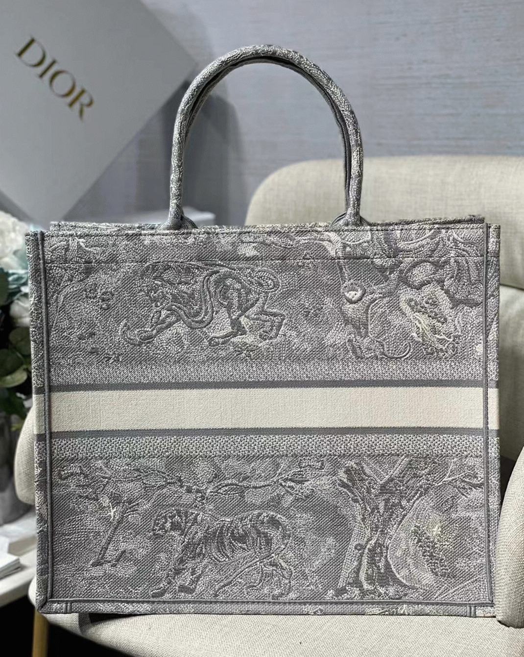 D10r Large Book Tote Bag Knockoff in Gray Toile de Jouy Reverse Embroidery