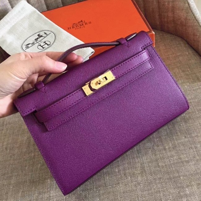 Cyclamen Epsom Knockoff H**me5 Kelly Pochette Light Purple Clutch