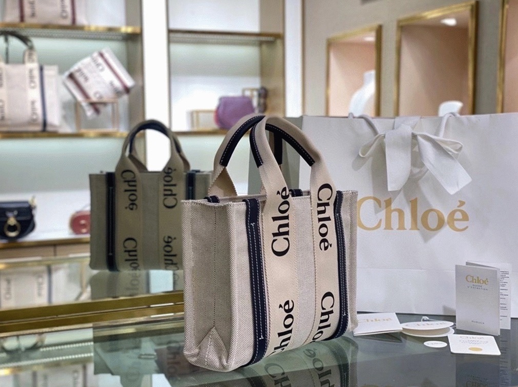 top quality fake Ch10e small woody tote bag in canvas with blue leather strips