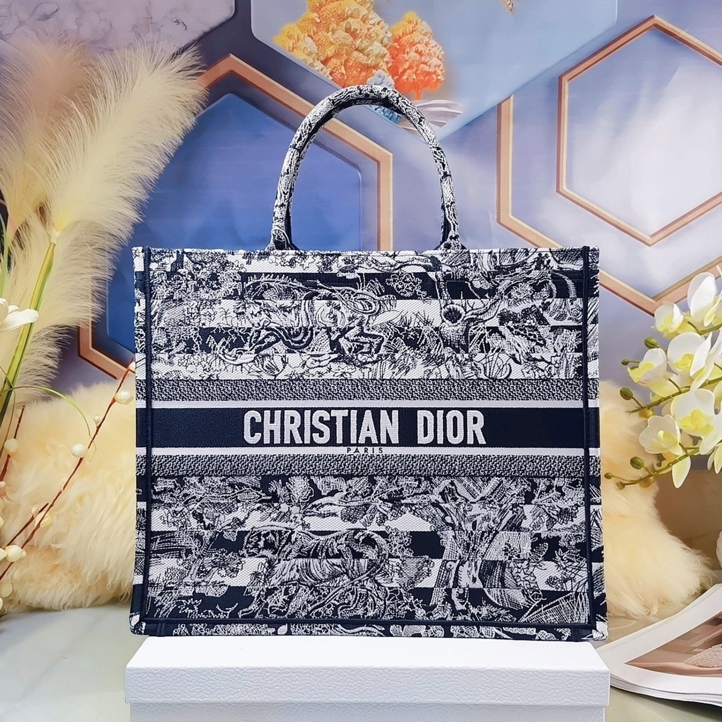 D10r Large Book Tote Bag Fake in Blue Toile de Jouy Stripes Embroidery